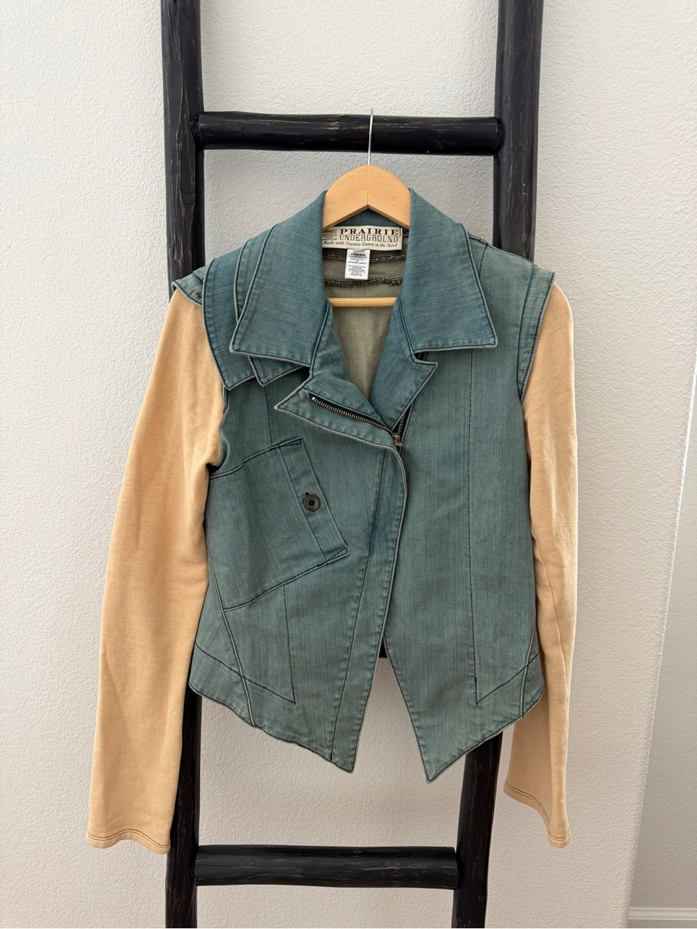 Prairie Underground Teal Denim Jacket with Tan Sleeves